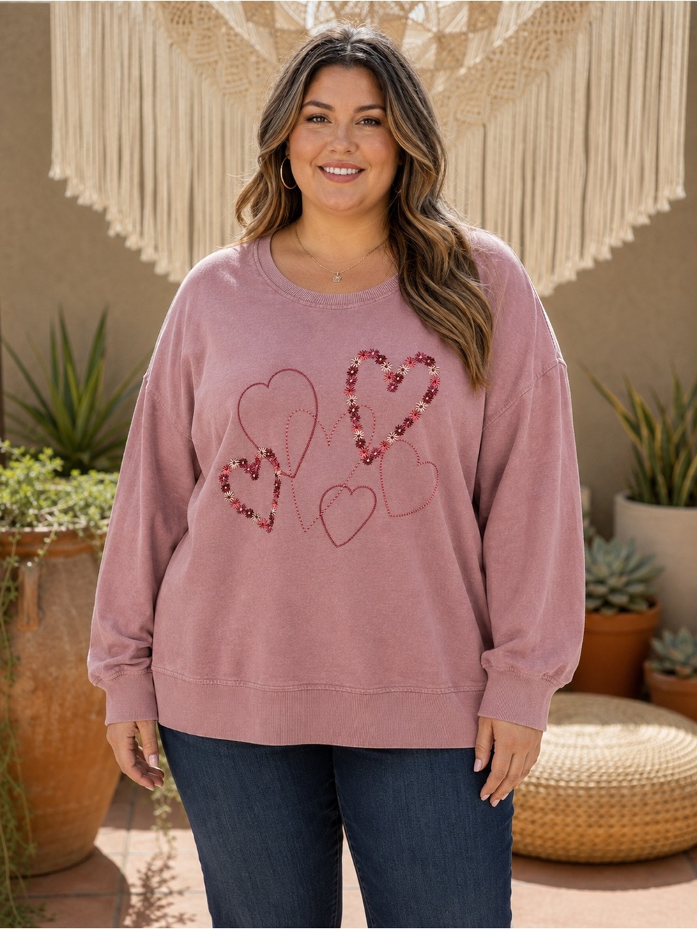 NWT Jane and Delancy Dusty Rose Embroidered Heart Pullover Sweatshirt Size 3X